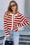 Gold-Tone Button Stripe Pattern Crew Neck Long Sleeve Knit Cardigan Sweater